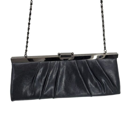 Jessica McClintock Evening Bag Black Convertible Clutch Faux Leather Gunmetal - Picture 5 of 17